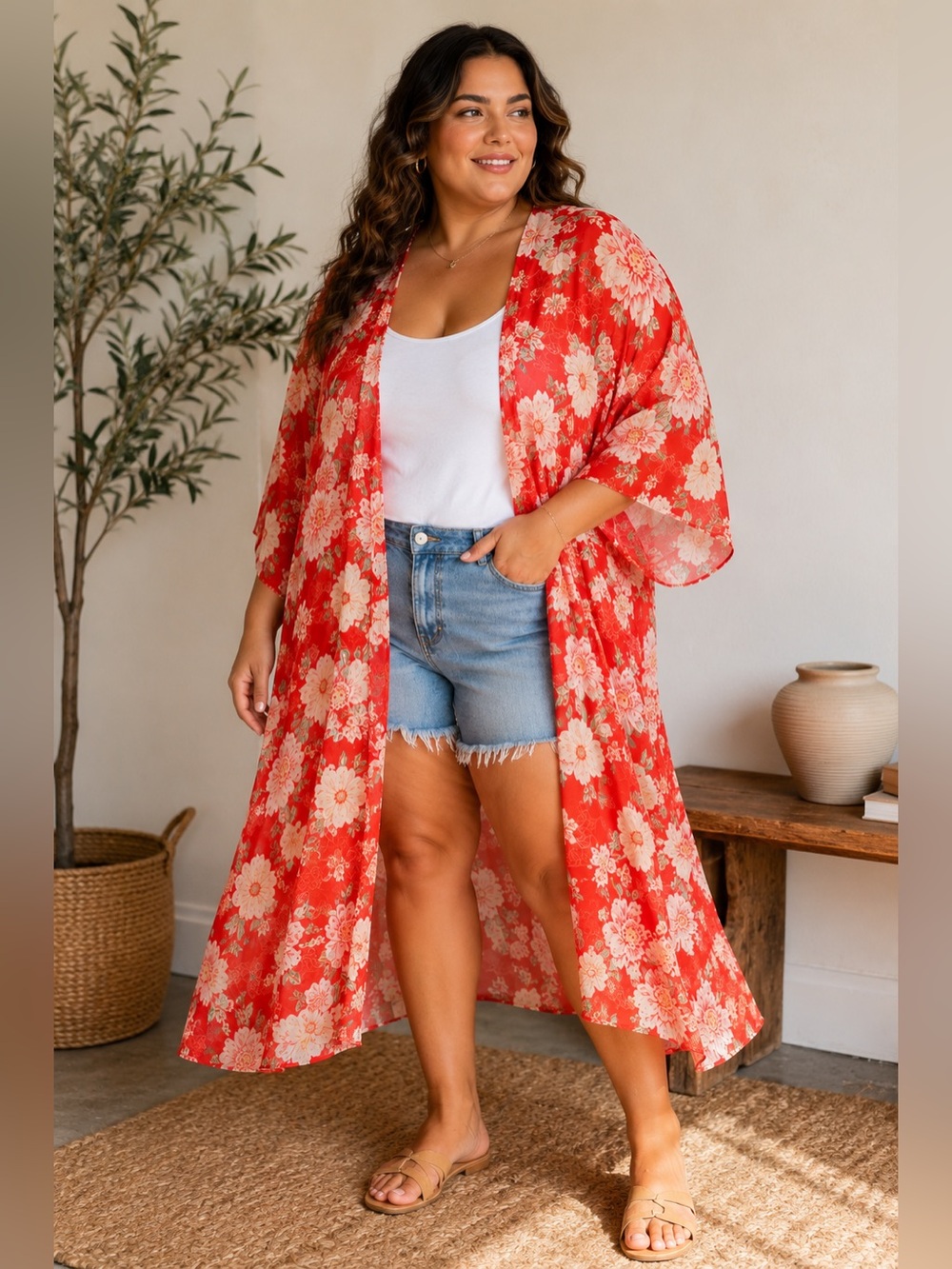 Dizzy Gal 3X Red Floral Sheer Kimono Duster Cardigan Boho Beach Cover Up